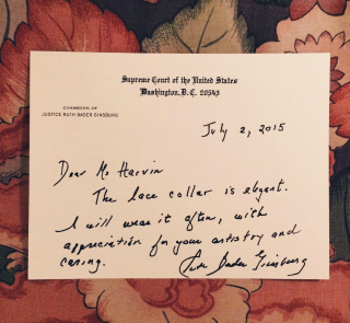 Illustration for article titled Woman Makes Lace Collar for RBG, Gets Elegant Thank You Note in Return